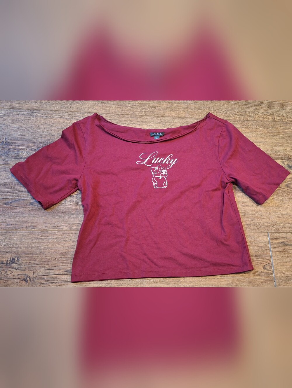 wild fable Burgundy "Lucky" Graphic Cropped Tee ☆Size XXS☆ NWT